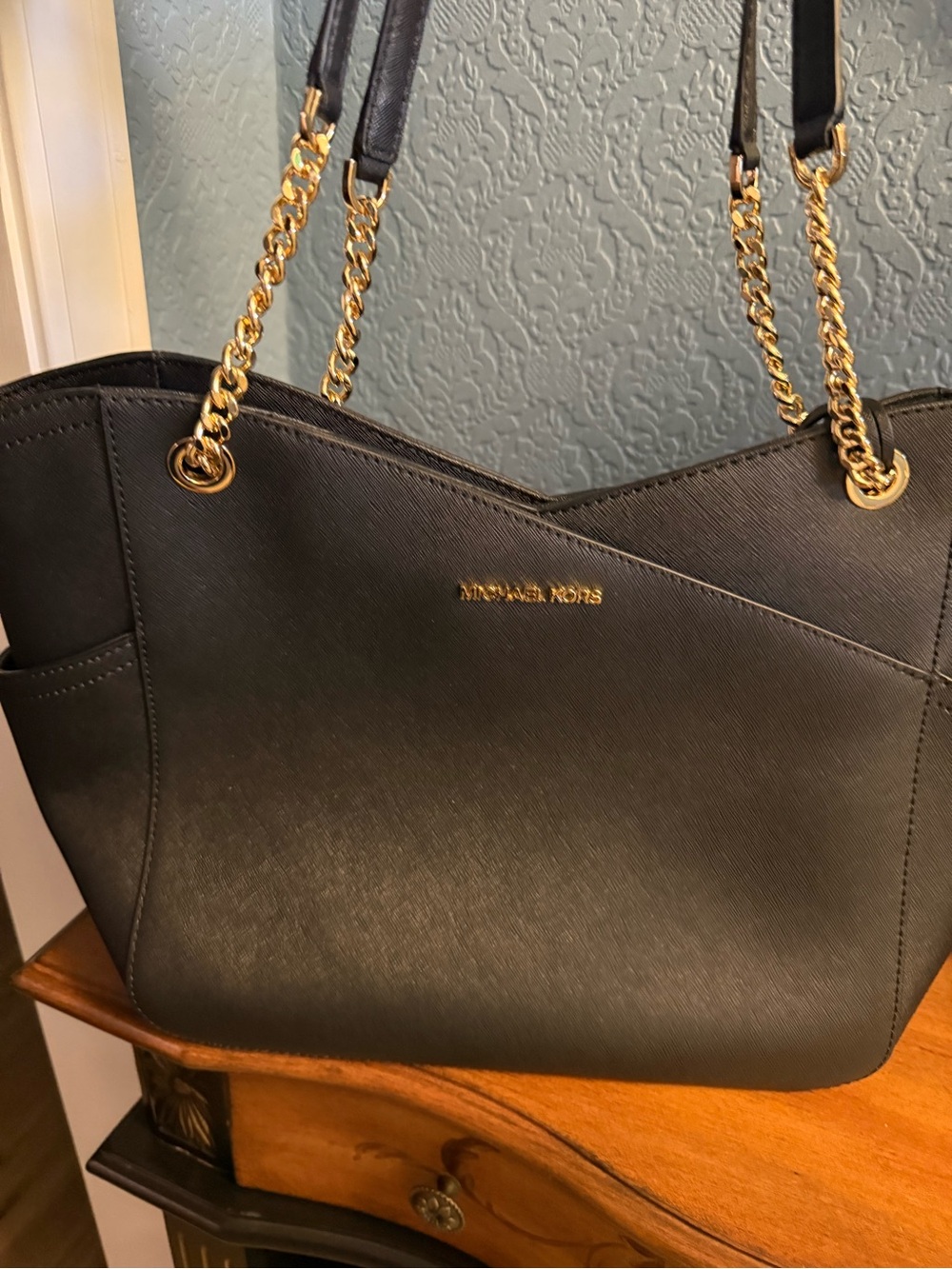 Michael Kors Black Saffiano Tote with Gold Chain Straps